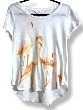 🦩 LC Lauren Conrad Flamingo Graphic Tee Sequin Accent Hi-Low Hem Small GUC